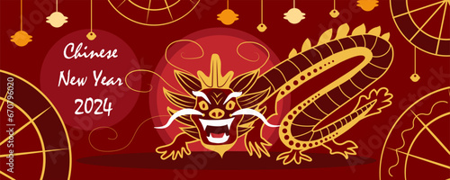 Beautiful greeting banner for New Year 2024 with Chinese dragon on red background