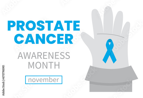 Hand with blue ribbon on white background. November is a Prostate Cancer Awareness Month