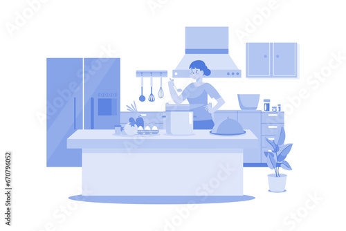 Girl Cooking Food At The Kitchen Desk