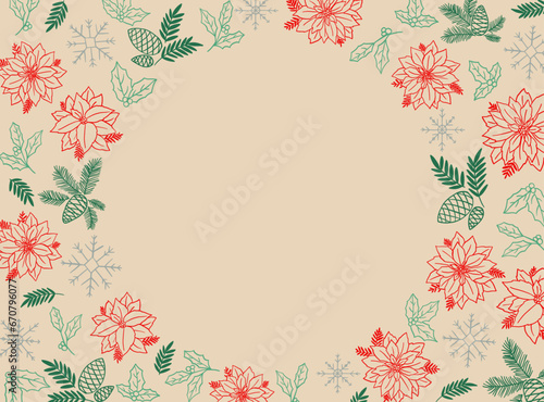 Holidays and Christmas card, Botanical frames, and background design.Hand-drawn style.