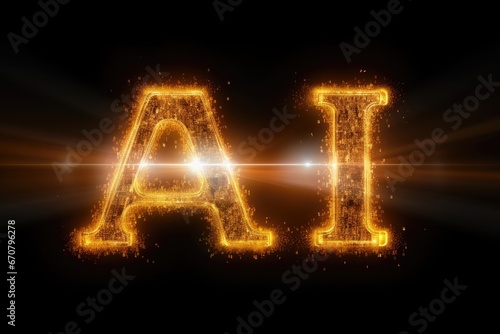 AI letters shimmering in gold with sparks and radiant beams on a black background. Innovation and technology.