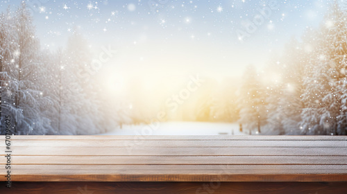 empty wooden table in winter background with snow. copy space for product display and mockup
