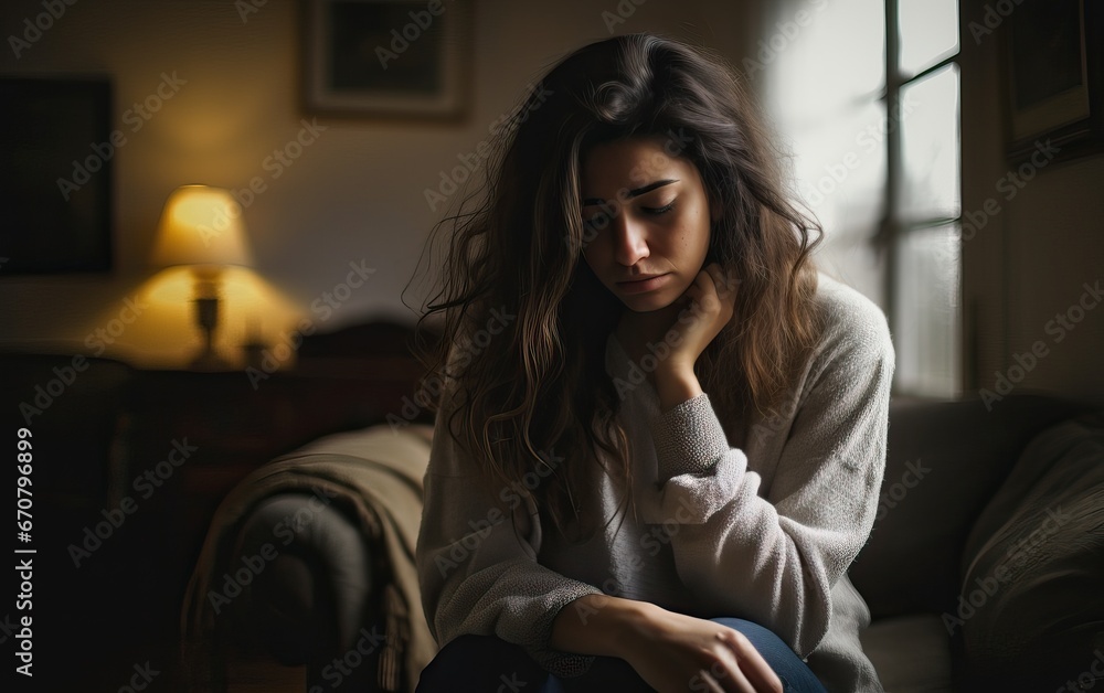 Close up of sad pensive millennial woman sit alone thinking about relationships personal problems, upset thoughtful young female lost in thoughts feel lonely depressed pondering or mourning at home Close up of sad pensive millennial woman sit alone thinking about relationships personal problems, upset thoughtful young female lost in thoughts feel lonely depressed pondering or mourning at home