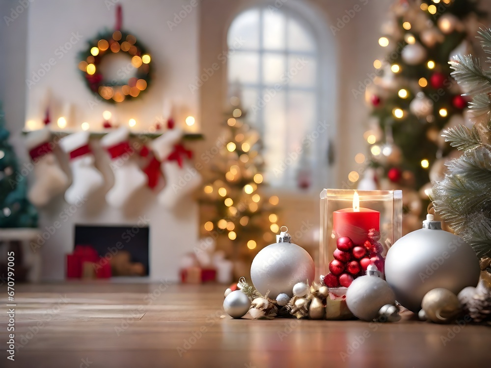 Christmas themed background witj decorations and candles