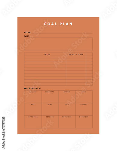 Goal Plan Planner. (Orange). Minimalist planner template set. Vector illustration. 