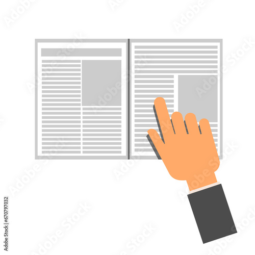 Isolated illustration of finger of hand pointing document, for manual instruction read caution sign, education, business purpose