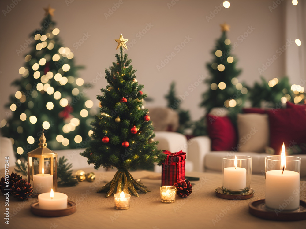 A Christmas tree in new year cozy home interior decorations. Garlands and bokeh burning candle.