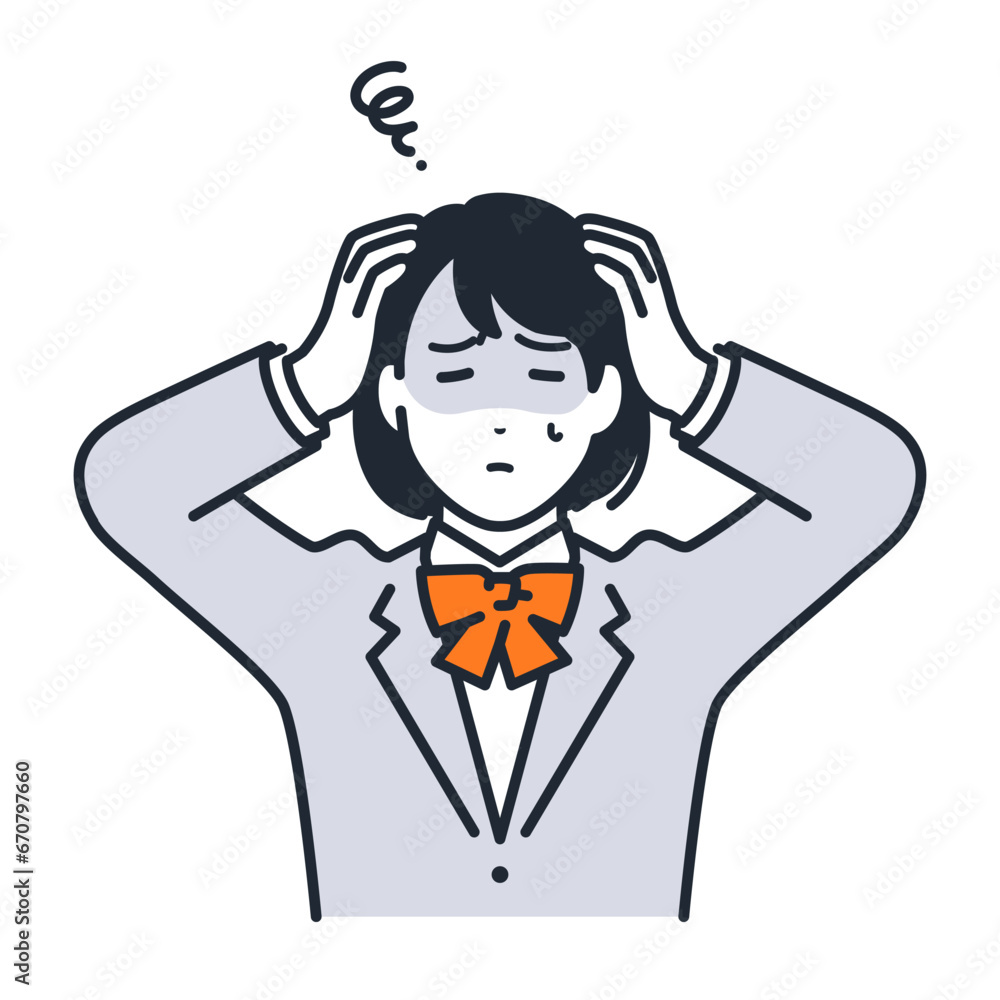 頭を抱えて悩む女子学生のシンプルなベクターイラスト素材
