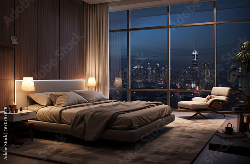 a room full of neutral colors, large windows and a beautiful bed, city view