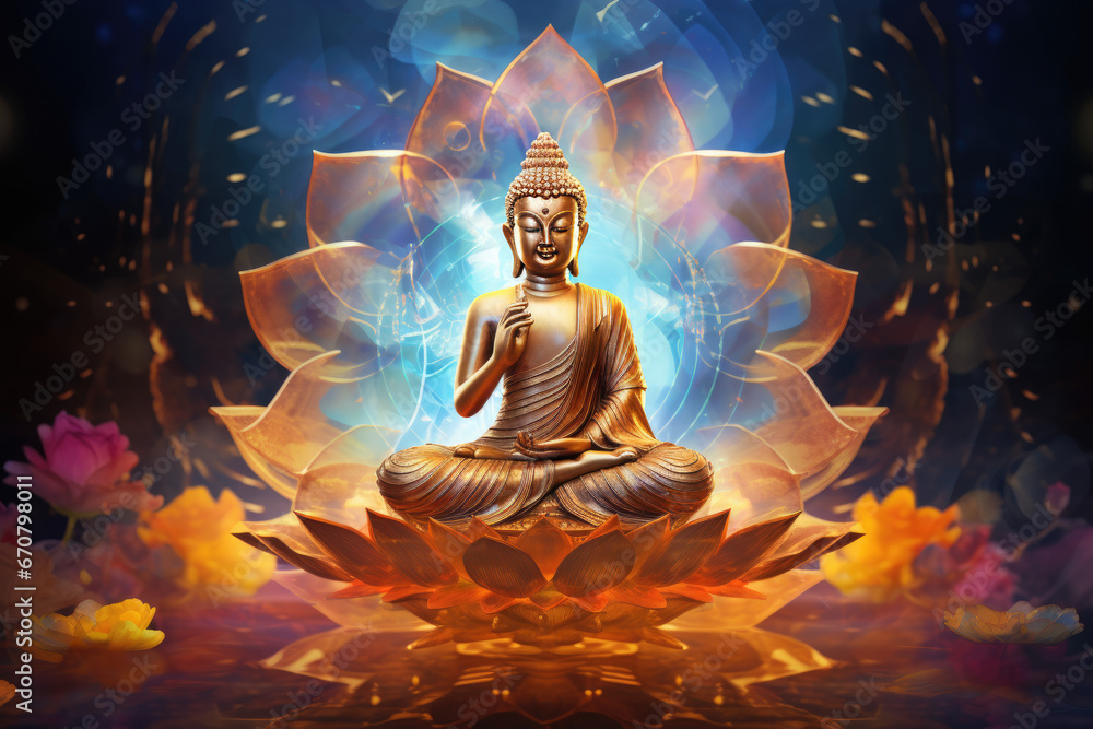 Fototapeta premium the glowing 3d buddha and flower with gold style on abstract background