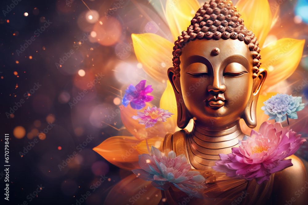 the glowing 3d buddha and flower with gold style on abstract background