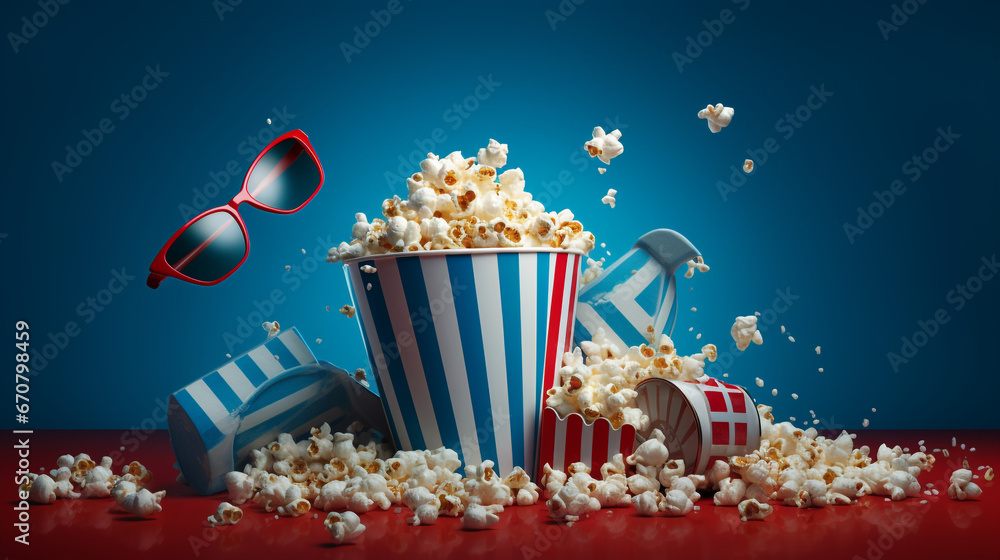 a box of popcorn wearing sunglasses blue background