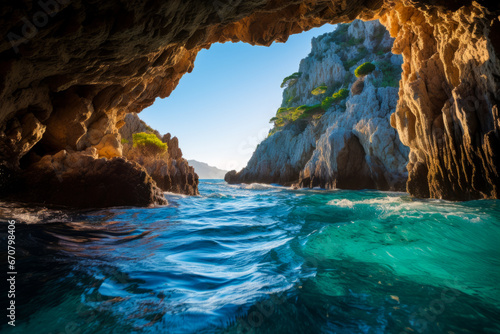 A sea cave, with its towering walls and sparkling water