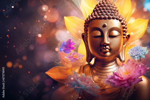 the glowing 3d buddha and flower with gold style on abstract background © Kien