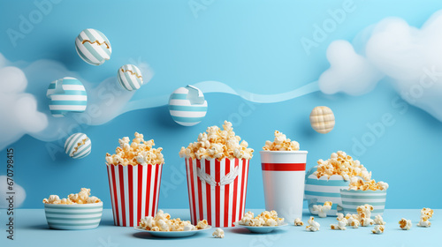 a film festival with friends and delicious snacks a tabletop adorned with mouthwatering popcorn a soothing pastel blue background