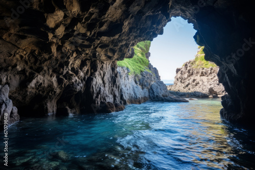 A sea cave, with its towering walls and sparkling water