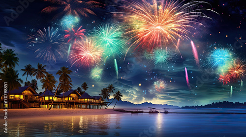 colorful fireworks with palm tree and beach