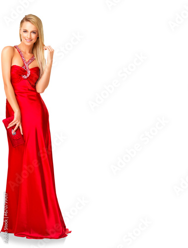 Woman, fashion and red silk dress for prom, bridesmaid and formal event isolated on a transparent png background. Portrait of elegant female model, luxury evening gown and smile in designer clothes