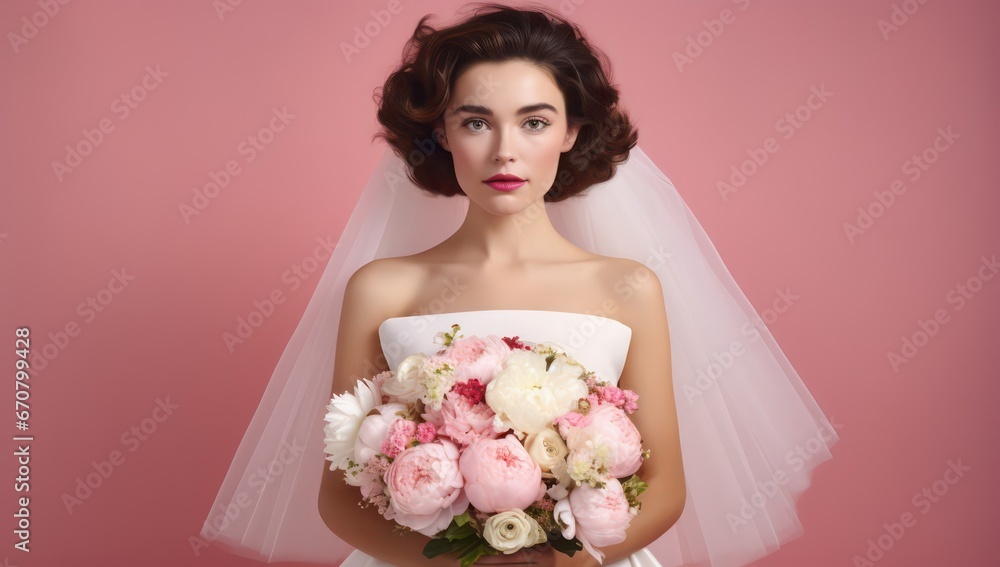 Beautiful woman in bride wedding dress with taking a flower bouque, Mature woman in white wedding dress Beautiful woman in bride wedding dress with taking a flower bouque, Mature woman in white wedding dress