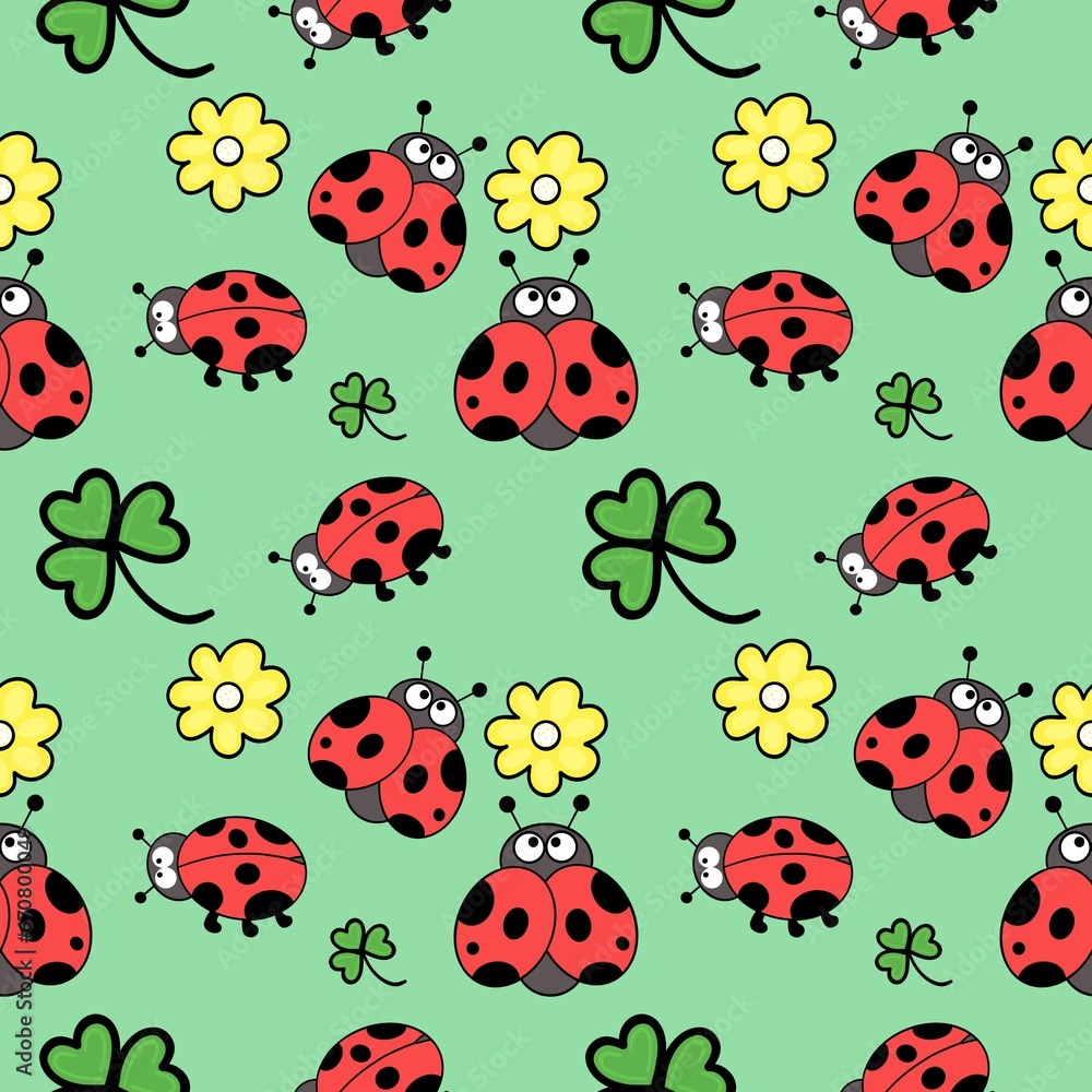 Fototapeta premium seamless pattern with ladybug on a green background 