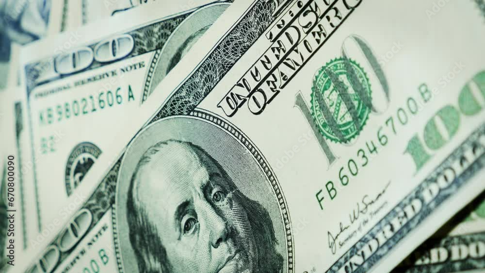 Hundred USD cash dollar banknotes rotating. One hundred dollar. Vertical video