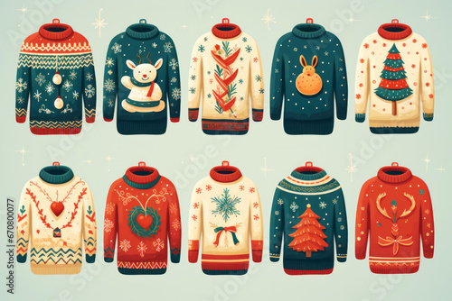 illustration of a pattern of ugly Christmas sweaters for wallpapers. AI generative photo