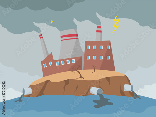 Ecology pollution concept with factory pipes emitting smoke, contaminate and air around