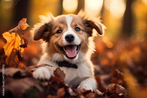 dog in autumn : A beautiful dog walking and running. Generative AI © Phichitpon