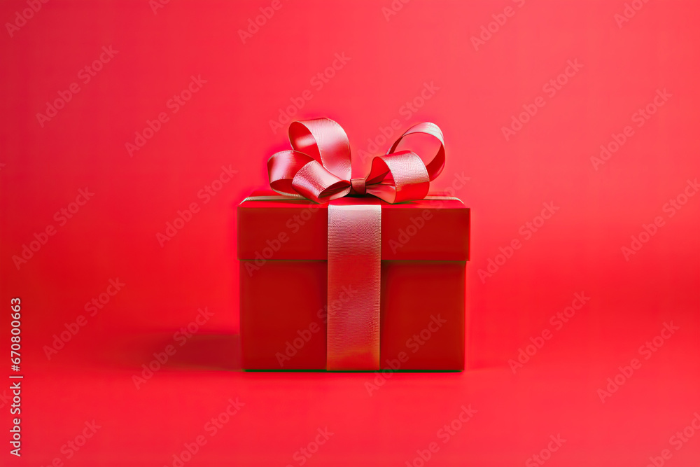 christmas red gift box with ribbon on red background