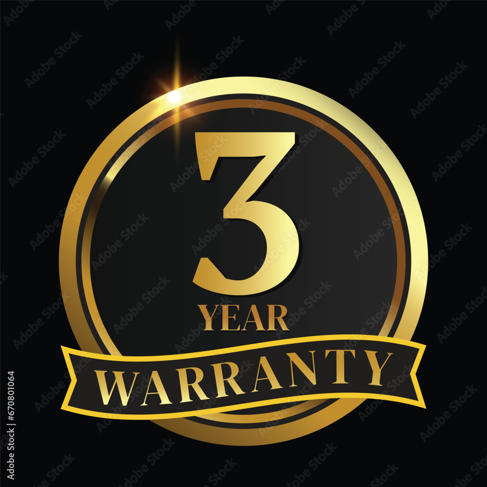 3 year warranty logo with golden shield and golden ribbon.Vector illustration. 3 year warranty logo with golden shield and golden ribbon.Vector illustration.