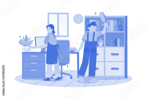 Worker Cleaning The Office With A Feather Brush