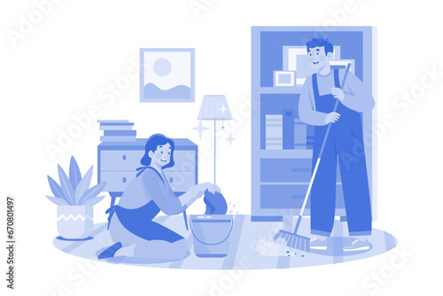 Cleaning Worker With Bucket And Broom