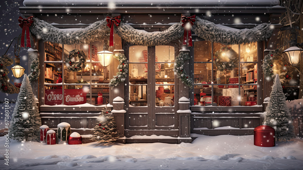 a christmas store front in the snow covered in decorations a christmas store front in the snow covered in decorations