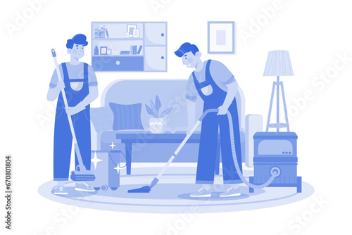 Male Worker Doing Vacuum Cleaning The Clean Floor In The Living Room