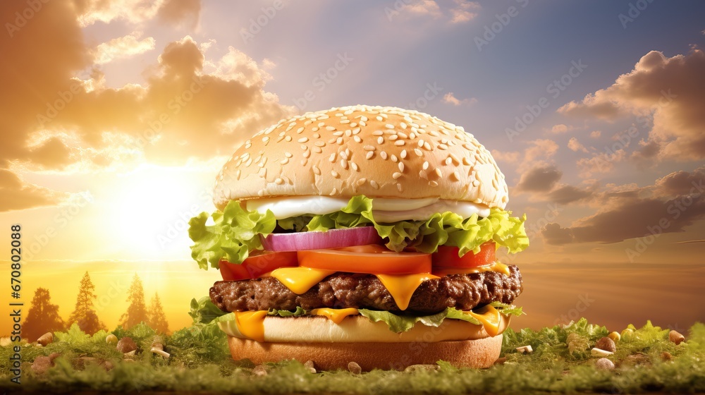 Floating hamburger with meat, cheese, tomatoes, lettuce, and splash of sauce isolated on bright background. 3d illustration of flying cheese burger with delicious ingredients. - obrazy, fototapety, plakaty 