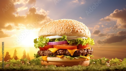 Floating hamburger with meat, cheese, tomatoes, lettuce, and splash of sauce isolated on bright background. 3d illustration of flying cheese burger with delicious ingredients. photo