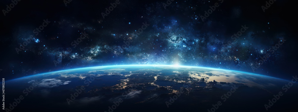 Panoramic view of the EarthEarth planet viewed from space, Planet earth from the space at night, Blue sunrise, view of earth from space