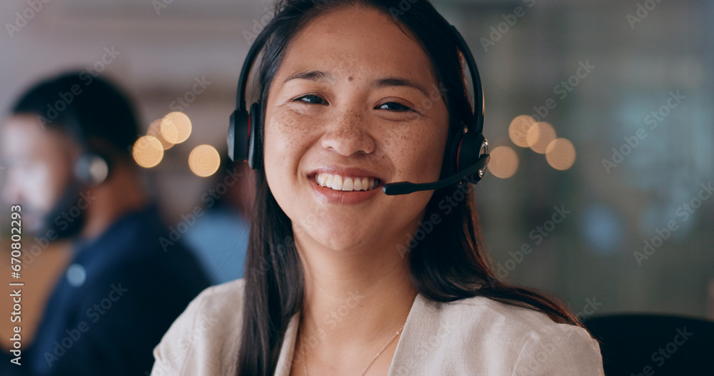 Business woman, portrait and call center, night communication or consultant support for customer service. Happy, face and professional agent or asian advisor for solution, help desk and virtual chat - obrazy, fototapety, plakaty 