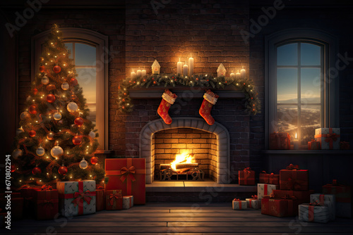 christmas tree with presents around a fireplace. night scene
