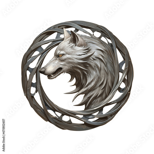 silver medallion emblem with wolf head, 3D metal emblem isolated on transparent background photo