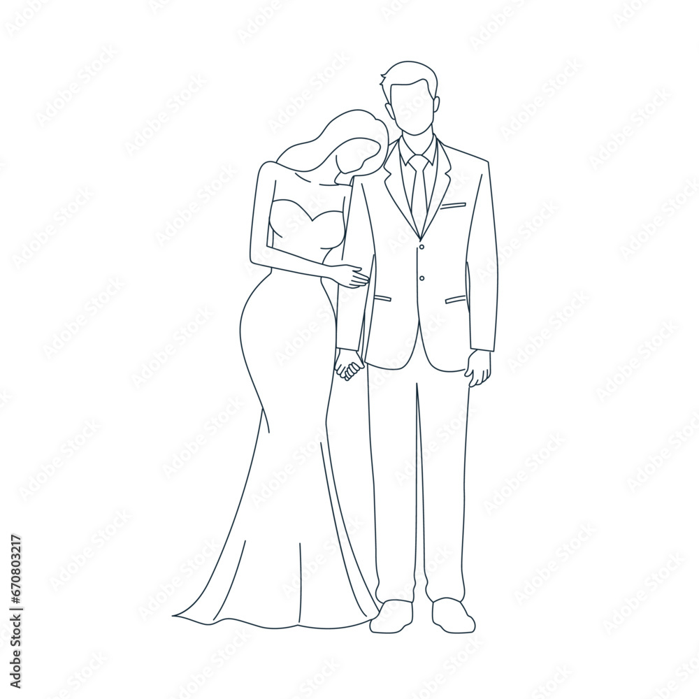 Happy wedding bride and groom at wedding ceremony. Beautiful wedding couple in wedding clothes, couple with beauty wedding bouquet line art