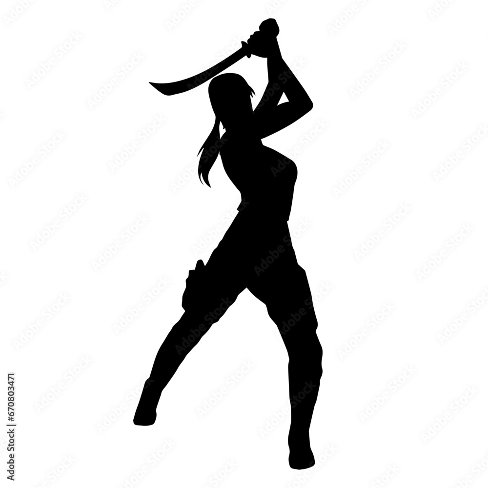 Silhouette of a female fighter in action pose carrying sword weapon. Silhouette of a female fighter in action pose carrying sword weapon.