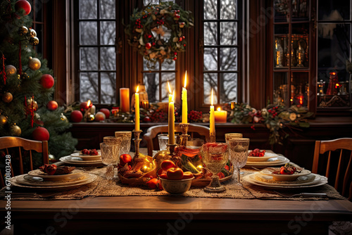 christmas dinner table setting with candles and christmas lights. table served for a christmas dinner