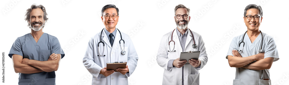Set of Portrait of a middle aged doctor man happy smiling and standing posing arms crossed, hand holding using tablet computer, isolated on white background, png Set of Portrait of a middle aged doctor man happy smiling and standing posing arms crossed, hand holding using tablet computer, isolated on white background, png