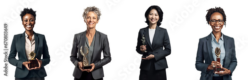 Set of Portrait of a middle aged manager, businesswoman or boss holding champion trophy for winner, success and achievement award in business concept, isolated on white background, png