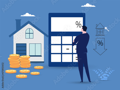 Mortgage Calculator Vector Illustration. Man Counting Mortgage Percents for Low Rates. Interest Rates Dropping. Client Decrease Percent. Concept of Credit Score, Buy House, Mortgage Loan