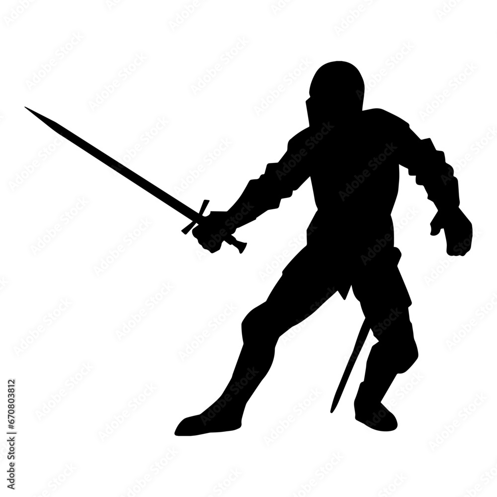 Silhouette of a male warrior wearing war armor suit in action pose using a sword weapon. Silhouette of a male warrior wearing war armor suit in action pose using a sword weapon.