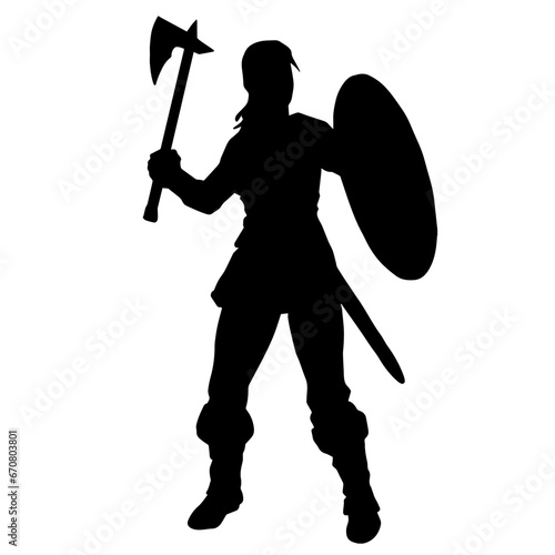 Silhouette of a sexy female warrior in battle armor carrying axe weapon and iron shield.