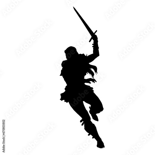 Silhouette of a female fighter in action pose carrying sword weapon.