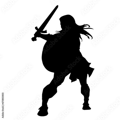 Silhouette of a female warrior in battle armor carrying sword weapon and iron shield.